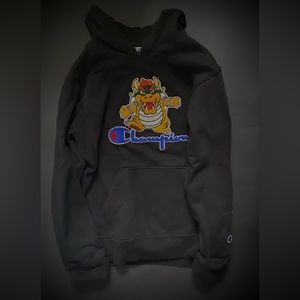 Champion X Super Mario Reverse Weave Bowser Kanji Black Hoodie Size L Youth
